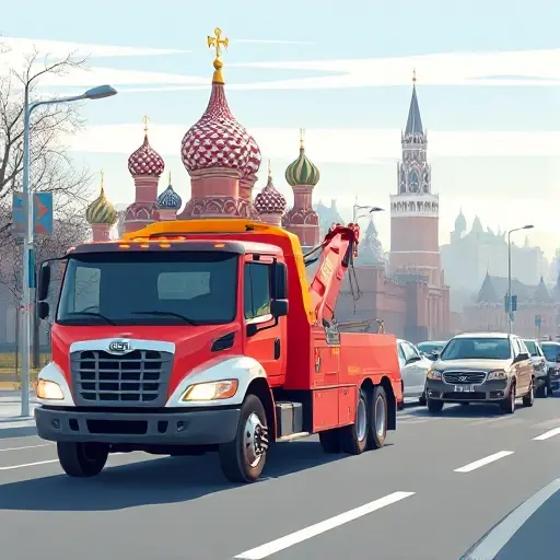 Эвакуатор Ивановo – Москва: Полное руководство по перевозкам A realistic illustration of a tow truck driving through Moscow streets, with the Kremlin silhouette in the background under a clear sky, showing the truck's hook and a vehicle being towed, no text or logos