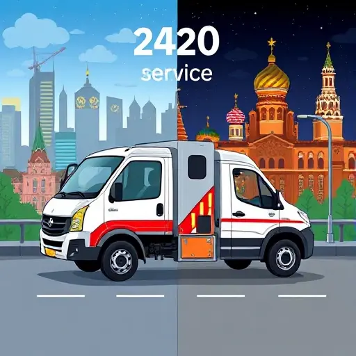 эвакуатор москва недорого круглосуточно A realistic illustration of a compact tow truck operating in Moscow, shown both day and night to convey 24/7 service, with the city skyline and recognizable Moscow architecture in the background, the truck is clean, affordable-looking, with a friendly driver, no visible text or logos.