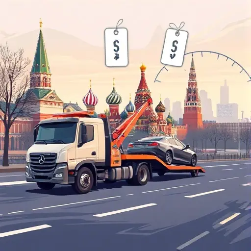 A realistic illustration of a tow truck pulling a car on a Moscow street, featuring the iconic Moscow skyline in the background, a floating price tag icon above the scene, and a subtle scale or meter subtly indicating cost factors, all rendered in a clean, detailed style.