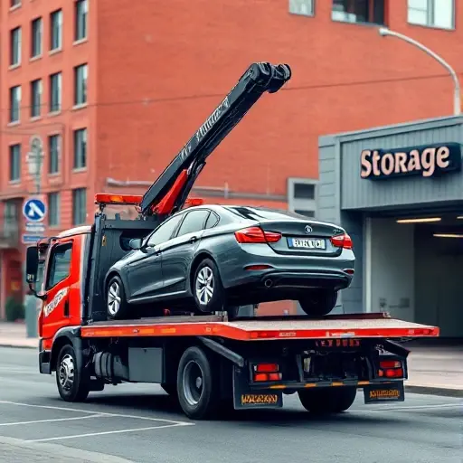 A realistic scene of a tow truck in Moscow, with the truck's crane lifting a car onto its platform, set against recognizable Moscow cityscape elements such as red brick buildings and blurred street signs, with a nearby storage garage where the car will be taken, all rendered in a clean, detailed smallHQ style, without any text or logos