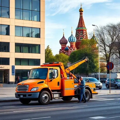 A realistic scene of a Moscow street with a bright orange tow truck parked near a modern building, the iconic Saint Basil's Cathedral silhouette visible in the background, a professional driver in a uniform standing beside the truck, city traffic and trees around, all depicted in a clean, high-quality smallHQ style without any text or signage