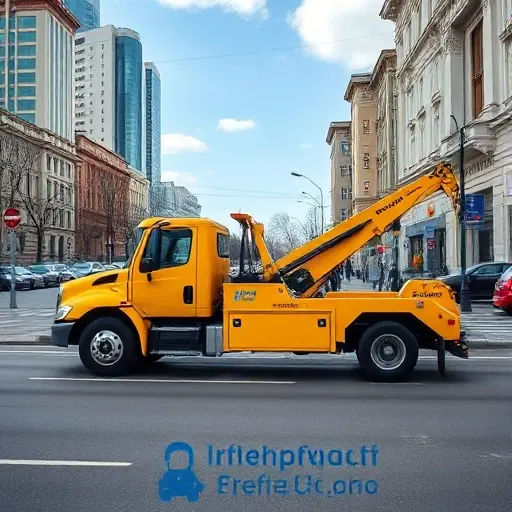 A bright yellow tow truck parked on a Moscow street near the Timiryazevsky area, with a clear cityscape background and a subtle hint of affordability, such as a small, unobtrusive price tag or discount symbol, but no visible text or lettering in the image