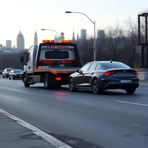 A tow truck illegally pulling a parked car on a Moscow street, with a subtle city skyline in the background, no text, no signage, no uniforms, no police presence