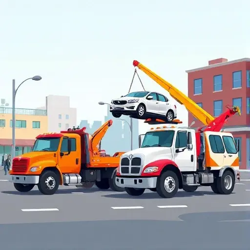 A vibrant illustration of several types of tow trucks parked on a city street: a flatbed tow truck, a hook and chain tow truck, a crane tow truck, and a light‑duty tow truck, each clearly distinguishable by their design. The scene shows a small broken car being lifted by the crane tow truck, while the flatbed tow truck is positioned beside it. The background is a simple urban setting with a few buildings and a clear sky. No people, no text, no logos.