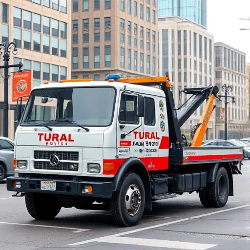 depict a Ural tow truck in a city setting with a price list icon indicating average prices for various towing services, no text, no numbers, no letters, no digits