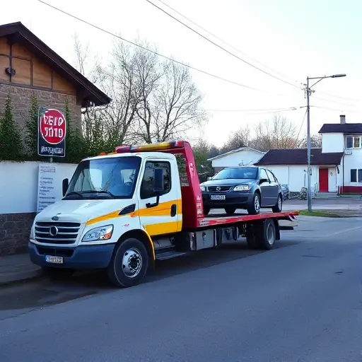 A tow truck parked on a quiet street in the small town of Lyaskovo, with a car being gently towed by the truck. The scene includes a subtle price list sign on a nearby wall, a small town signpost, and a clear sky. No text, letters, or numbers are visible in the image.