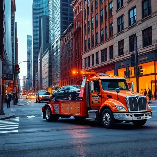 A tow truck parked on a bustling city street, with a car being towed, surrounded by urban buildings, traffic lights, and pedestrians, all depicted in a realistic style