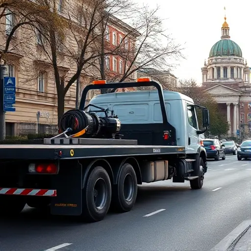 грузовой эвакуатор москва и московская A large cargo tow truck with a flatbed and winch, driving through a Moscow street scene with typical Russian architecture, trees, and a hint of the Kremlin dome in the background, under a clear sky. The focus is on the vehicle and the urban environment, without any text, logos, or signage.