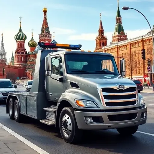 A sleek, modern tow truck parked on a busy Moscow street, with recognizable city architecture such as the Kremlin towers and red brick buildings in the background, under a clear sky. The scene captures the vehicle's robust design and the urban environment, emphasizing the concept of purchasing a new tow truck in Moscow.