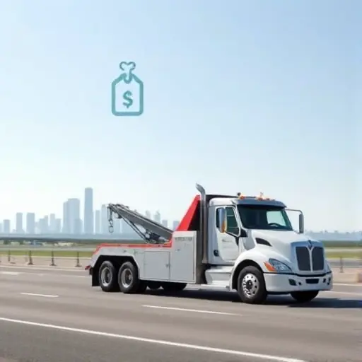 A modern tow truck parked on a highway with a clear view of a distant city skyline, a subtle price tag icon floating above the truck, and a stylized map overlay indicating intercity routes, all depicted in a clean, realistic style without any text or lettering