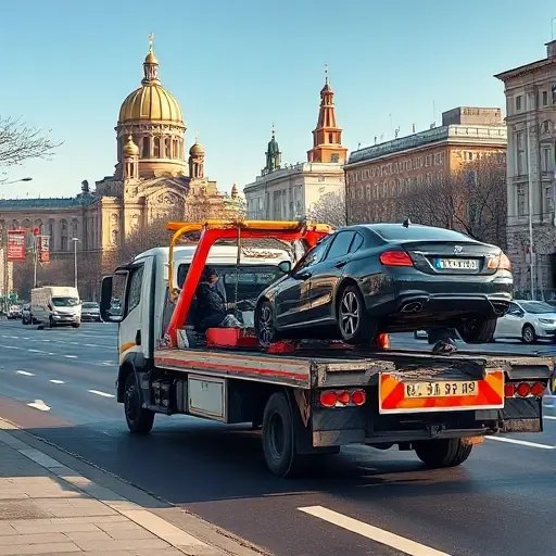A realistic scene of a tow truck operating in Moscow, with the vehicle parked near a busy street, recognizable Moscow architecture such as the Kremlin dome or typical high‑rise buildings in the background, the driver loading a car onto the truck, clear sky and urban atmosphere, no signage or text