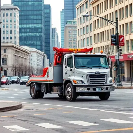 A realistic scene of a tow truck parked on the first Yamskaya Street, showing the vehicle in the foreground with an urban street background of buildings, streetlights, and road details, captured in daylight, no text or signage, smallHQ style