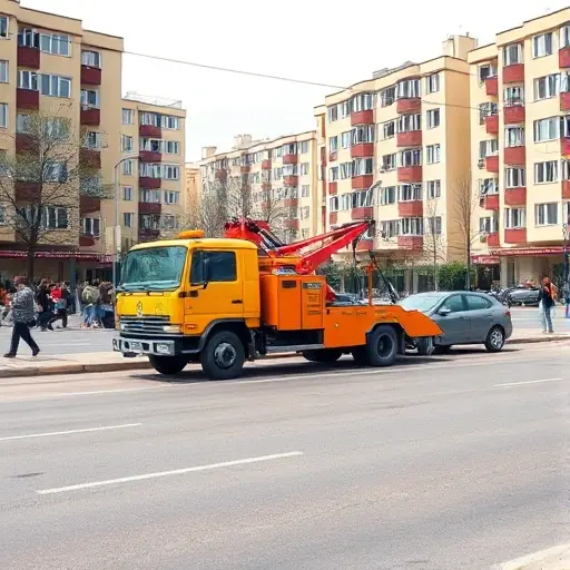 Эвакуатор в районе Вешняки: Полное руководство A realistic scene of a tow truck parked on a street in the Veshnyaki district of Moscow, with typical Soviet-era apartment buildings in the background, a small crowd of pedestrians, and a car being towed by the truck. The scene is daytime with a clear sky, and the tow truck is brightly colored (yellow or orange).