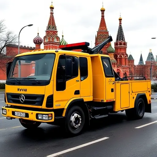 A tow truck parked on a Moscow street, with the Red Square skyline in the background, the iconic St. Basil's Cathedral visible, the truck's bright yellow and black paint, a subtle reflection on the asphalt, no people, no other vehicles, no text or signage