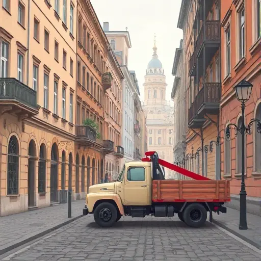 Эвакуатор в 1-м Волконском переулке: Полное руководство A realistic small-scale illustration of a tow truck parked on a narrow urban street called 1st Volkonsky Lane, featuring typical early 20th-century Russian architecture, cobblestone road, vintage street lamps, and a subtle historic cityscape background, without any text, letters, or digits.