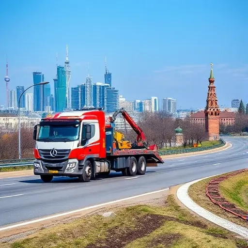 A tow truck on a road between Moscow and Ryazan, with a price tag icon indicating towing cost, set against a backdrop of the Moscow skyline and a small Ryazan landmark, no text or lettering in the image