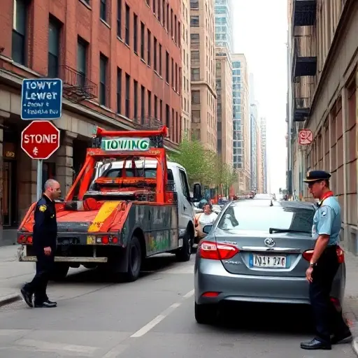 A realistic scene of a city tow truck on a narrow street, with a car illegally parked, city signage indicating towing, and a city official in uniform inspecting the situation, all depicted without any text or lettering