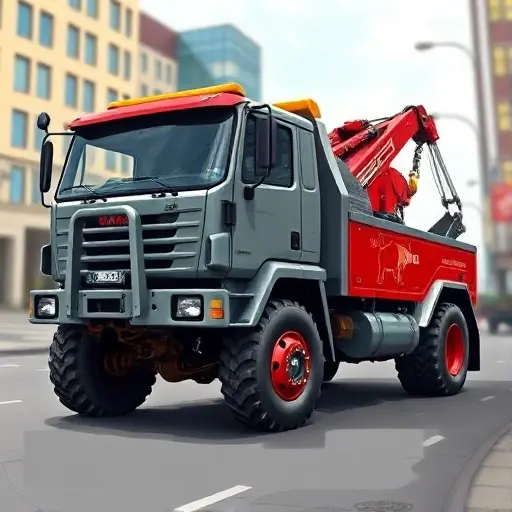 A realistic, detailed illustration of a tow truck named "Бычок" (Bull). The truck should be depicted in a dynamic, slightly angled view, showing its robust chassis, large front winch, and a stylized bull emblem on the side. The setting is an urban street with subtle background elements like buildings and a faint traffic scene. The color palette should emphasize metallic grays, deep reds, and accents of yellow, with a polished finish. The lighting is natural, with soft shadows to highlight the truck’s contours and mechanical details. No text, letters, or digits should appear in the image.