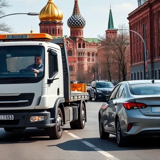 A modern tow truck with a professional driver assisting a stranded car on a busy Moscow street, with recognizable Moscow architecture such as the Kremlin dome and red brick buildings in the background, showcasing reliability, speed, and safety. The scene is bright and clear, emphasizing the efficiency of professional towing services without any text or signage.