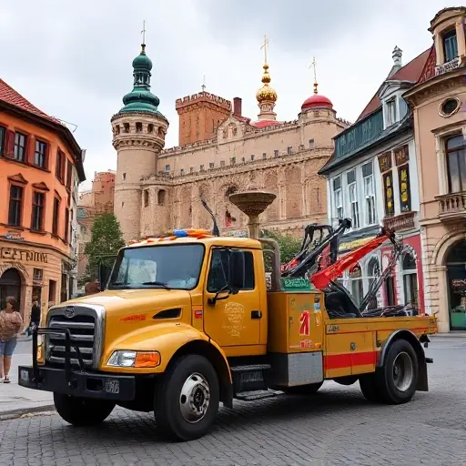 эвакуатор выборгском выборгском A tow truck parked in front of the Vyborg Castle, with the historic old town streets and architecture in the background, no text or signage