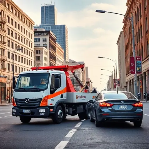 A realistic urban scene on Aviatsionnaya Street showing a modern tow truck parked beside a broken-down car, with a driver using a smartphone to call for assistance; the street has typical city buildings, streetlights, and a clear sky, focusing on the interaction between the tow truck and the vehicle without any visible text or signage