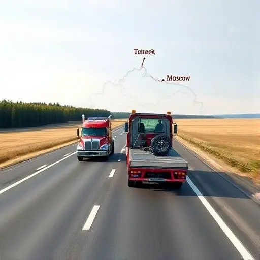 A tow truck traveling on a long highway, depicted in a realistic style. The scene shows the vehicle in motion, with a clear road stretching into the distance. In the background, a subtle, stylized map outline hints at the route from Tomsk to Moscow, with the two cities marked by small, non-textual icons. The landscape transitions from Siberian forest to European plains, illustrating the journey across Russia. No text, letters, or digits are present in the image.