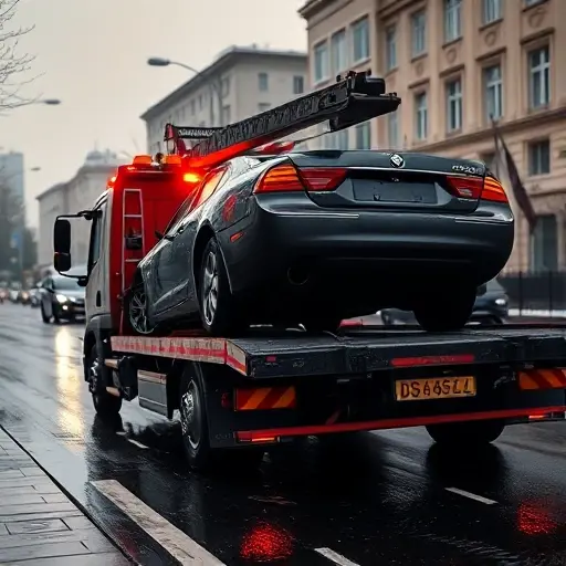 A realistic scene of a specialized tow truck (evacuator) in Moscow transporting a damaged car after an accident, with the tow truck's hydraulic lift raising the vehicle, city streets and muted urban background, emergency lights flashing, rain-soaked pavement reflecting lights, no people visible, no text or signage
