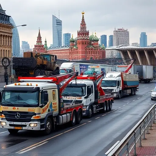 A bustling urban scene in Moscow featuring several large tow trucks and cargo trucks parked and operating near a busy street, with the iconic Moscow skyline and recognizable architecture in the background, showing a dynamic market of heavy-duty vehicle towing services, realistic lighting and detailed vehicles, no text or signage