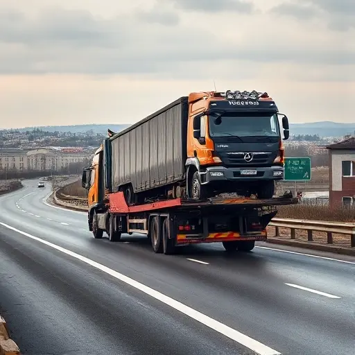 A realistic scene of a tow truck (evacuator) on a highway between Moscow and Vologda, showing the truck loading a large vehicle onto its platform with visible challenges such as steep incline, uneven ground, and heavy equipment, emphasizing the difficulty of loading and unloading. The background includes a mix of urban and rural landscapes, with subtle hints of both cities without any signage or text.