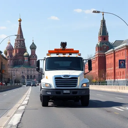 A realistic scene of a tow truck driving on a Moscow street, with recognizable Moscow architecture such as the Kremlin domes and red brick buildings in the background, the road showing a clear lane and the tow truck's hook, under a clear sky. The composition emphasizes the vehicle and the city atmosphere, without any text or numeric signs.