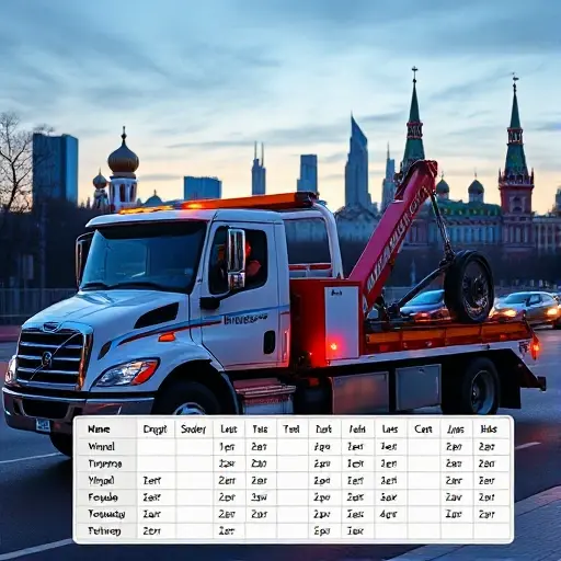 A professional tow truck driver in Moscow, wearing a reflective vest, operating a modern tow truck on a city street at dusk, with iconic Moscow skyline in the background, showing a shift schedule board in the foreground but no text