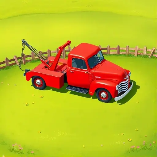 газон эвакуатор A bright, detailed illustration of a classic red tow truck parked on a lush green lawn, with a few scattered flowers and a small wooden fence in the background, all rendered in a clean, high-resolution style