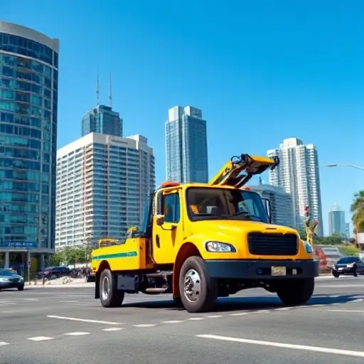 A modern yellow tow truck driving along a city street with high-rise buildings in the background, clear blue sky, realistic photography style, high detail