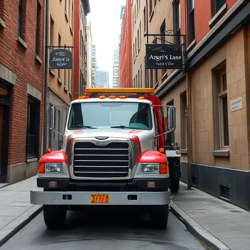 A realistic, high-resolution image of a tow truck parked on a narrow city alley called Angel's Lane, with a car being towed, showing the tow truck's brand and type, no text or signage, in a small HQ style.