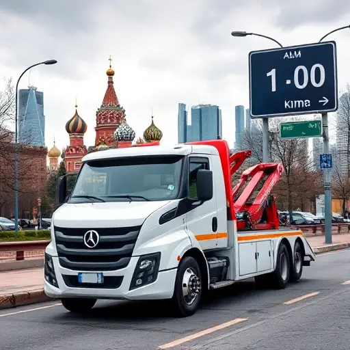 A modern tow truck parked on a Moscow street, with the iconic Moscow skyline in the background, a subtle distance sign indicating kilometers, and a faint map overlay showing transport routes, all depicted without any text, letters, or numbers