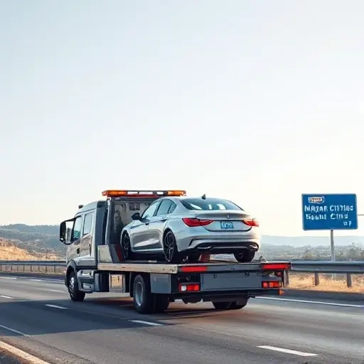 A modern tow truck (evakuator) carrying a brand‑new car on a highway, with a subtle hint of a road sign indicating a route between two major cities, set against a clear sky and gentle landscape, without any text, logos, or people