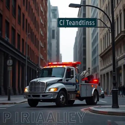 A realistic scene of a tow truck (evacuator) parked on a city street named Alley of Partisans, with surrounding urban buildings, streetlights, and a subtle hint of a street sign indicating the name, but without any visible text or lettering on the sign. The focus is on the tow truck and the street environment, captured in a clear, detailed composition.