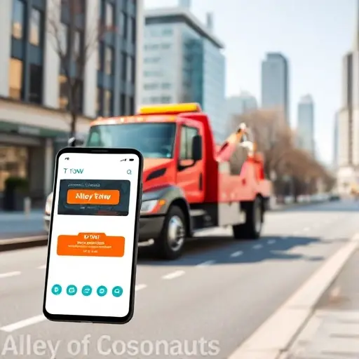 A modern tow truck parked on a quiet urban street named Alley of Cosmonauts, with a smartphone in the foreground showing a generic app interface for requesting a tow, the background showing a clean cityscape with subtle futuristic elements, bright daylight, realistic details, no visible text or logos