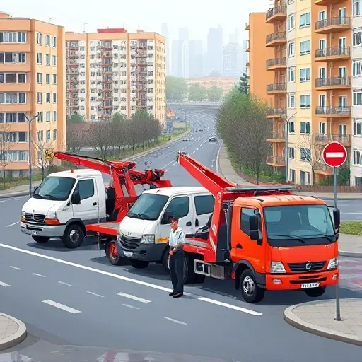 A realistic illustration of several types of tow trucks (flatbed, wheel-lift, and hook-and-chain) parked on a city street in the southern part of Moscow, with recognizable Moscow architecture in the background such as typical apartment blocks and a hint of the Moscow River skyline. The scene shows a professional driver in a uniform standing beside the vehicles, and a small traffic sign indicating a tow zone. The composition highlights the variety of tow trucks and their usage in an urban environment, without any text or logos.