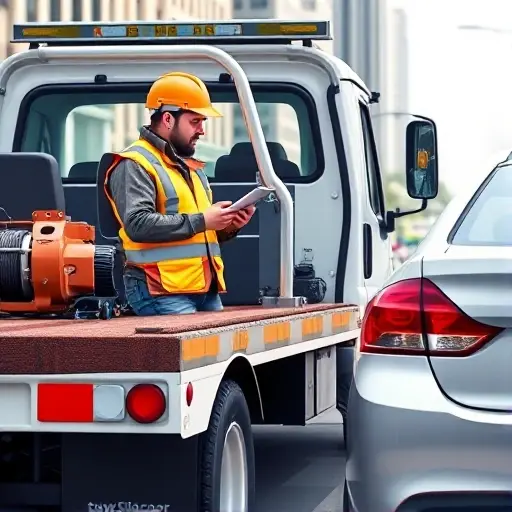 A realistic illustration of a professional tow truck driver in a modern tow truck, wearing a reflective safety vest and helmet, standing beside the vehicle being towed. The scene shows the driver checking a clipboard or tablet, with a clear view of the tow truck’s rear winch and a neatly organized toolbox. The background is a city street with subtle traffic, and the lighting is natural daylight. The image should convey professionalism, safety, and readiness for towing operations.