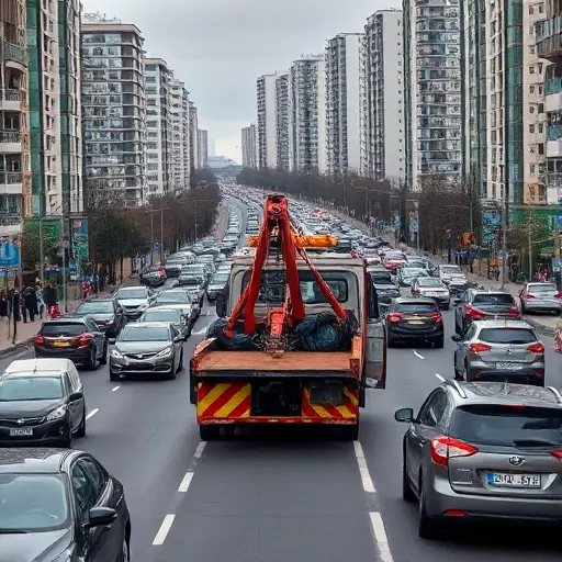 A realistic scene of a tow truck operating on a busy street in the southwestern part of Moscow, surrounded by dense traffic and high-rise residential buildings, with many cars and pedestrians, conveying the concept of high population density and heavy automobile flow, without any text or signage