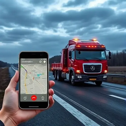 depict a tow truck on a road between Moscow and Cheboksary, with a smartphone showing a call screen, a map overlay indicating the route, all in a realistic style, no text