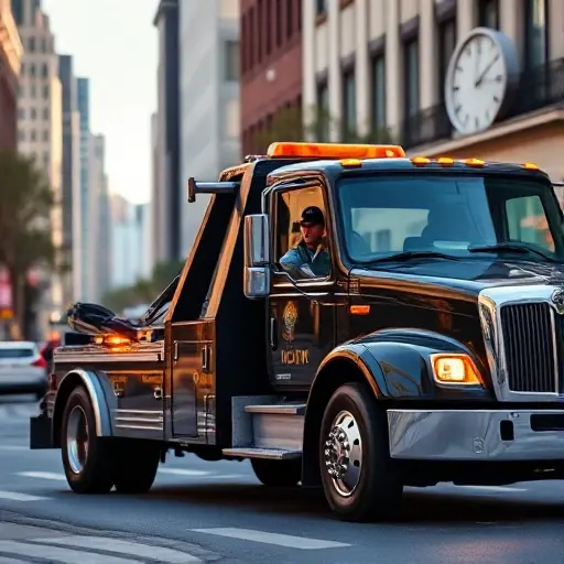 An elegant tow truck parked on a lively city street, a calm driver in uniform, a subtle clock symbol in the background representing time savings, a serene and relaxed atmosphere, no visible faces, no violence or gore