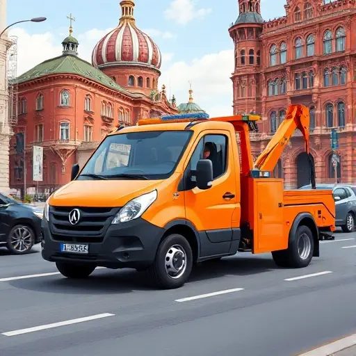 Эвакуатор в Москве: Полный Гид по Цене и Услугам A realistic smallHQ style illustration of a modern orange tow truck (evakuator) parked on a Moscow street, with recognizable Moscow architecture such as the Kremlin dome and classic red brick buildings in the background, a driver visible in the cab, daytime city scene, no text or signage