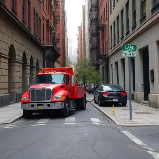 A tow truck parked on a narrow city street, pulling a stalled car, with surrounding buildings and a small street sign indicating the lane name, all in a realistic style, no visible text