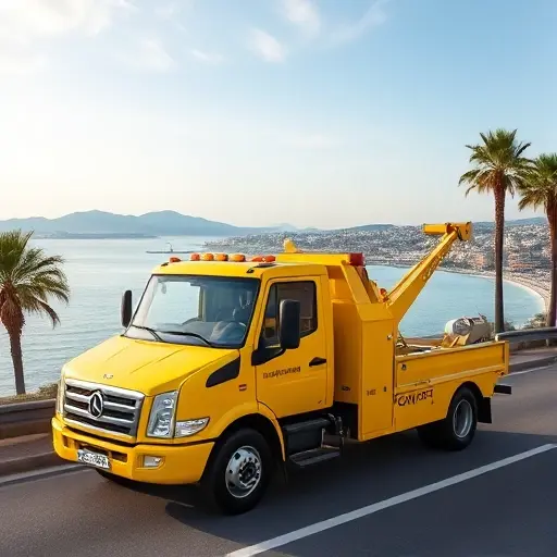 эвакуатор в алуште недорого A bright yellow tow truck parked on a coastal road in Alushta, with the Black Sea in the background, palm trees and a small seaside town skyline, giving a relaxed, affordable vibe