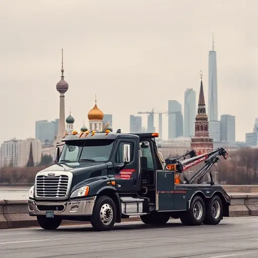 A modern tow truck parked near the iconic Moscow skyline, with a subtle, abstract representation of a rising bar graph in the background to symbolize increasing demand for tow truck jobs. The scene should convey professionalism and opportunity, featuring a clean composition, muted color palette, and no text, letters, or digits.