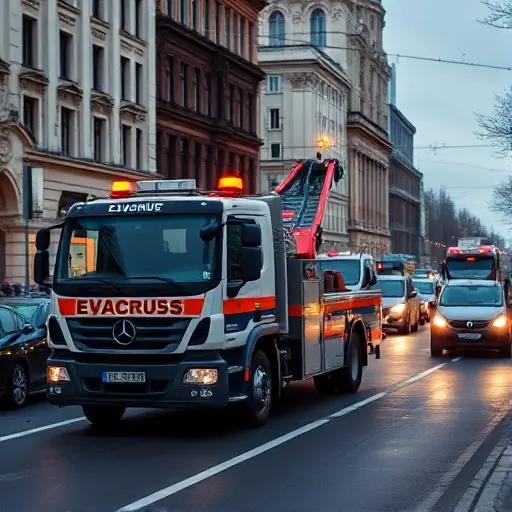 эвакуатор москва эварус A realistic scene of a modern tow truck (evacuator) parked on a busy Moscow street, with recognizable Russian architecture and city atmosphere, the vehicle painted in typical Evacrus colors, headlights on, surrounding traffic and streetlights, clear sky, no people visible