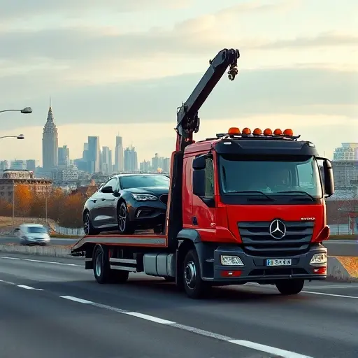 A realistic scene of a modern tow truck with a crane lifting a car on a road near Moscow, with the recognizable Moscow skyline and suburban buildings in the background, subtle autumn colors, conveying professional and reliable service