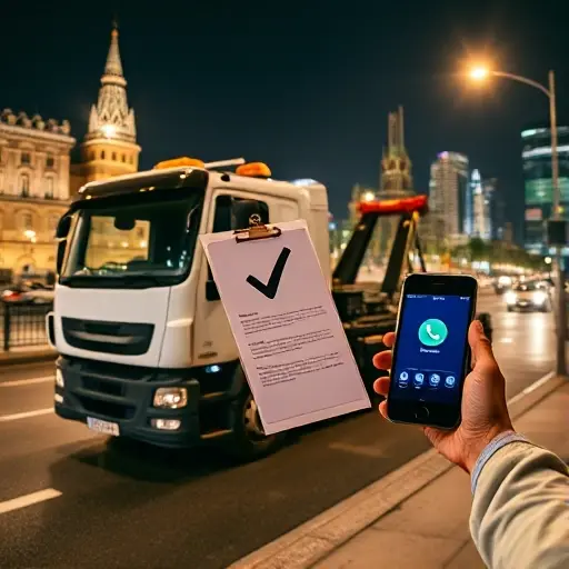A modern towing truck parked on a Moscow street at night, illuminated by streetlights, with a clear view of the city skyline in the background. In the foreground, a person in a reflective vest holds a clipboard with a large checkmark symbol, indicating verification. A smartphone with a visible call icon is held in the other hand, suggesting a 24/7 service call. The scene conveys reliability and affordability without any textual elements.